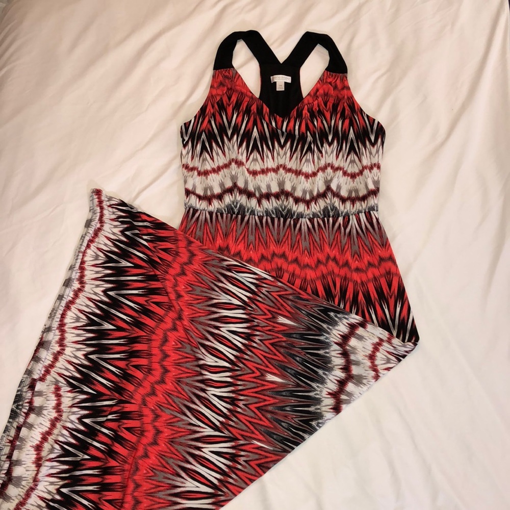Long, red, white and black, flowy dress